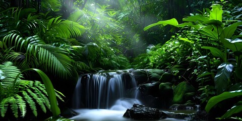 Lush jungle scene with running stream and tropical plants in natural setting. Concept Nature, Jungle Scene, Tropical Plants, Running Stream, Lush Setting