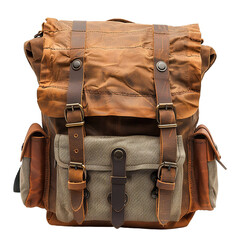 Front view of a leather-trimmed canvas backpack with a roll-top closure isolated on a white transparent background