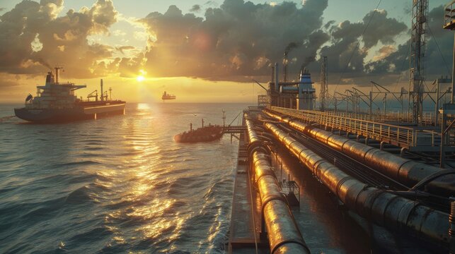 An oil tanker ship navigating through the ocean waters during a vibrant sunset.