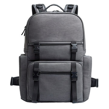 Front view of a gray laptop backpack with a sleek design isolated on a white transparent background