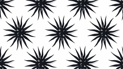 Monochromatic, geometric pattern created by many black starburst shapes on white background.