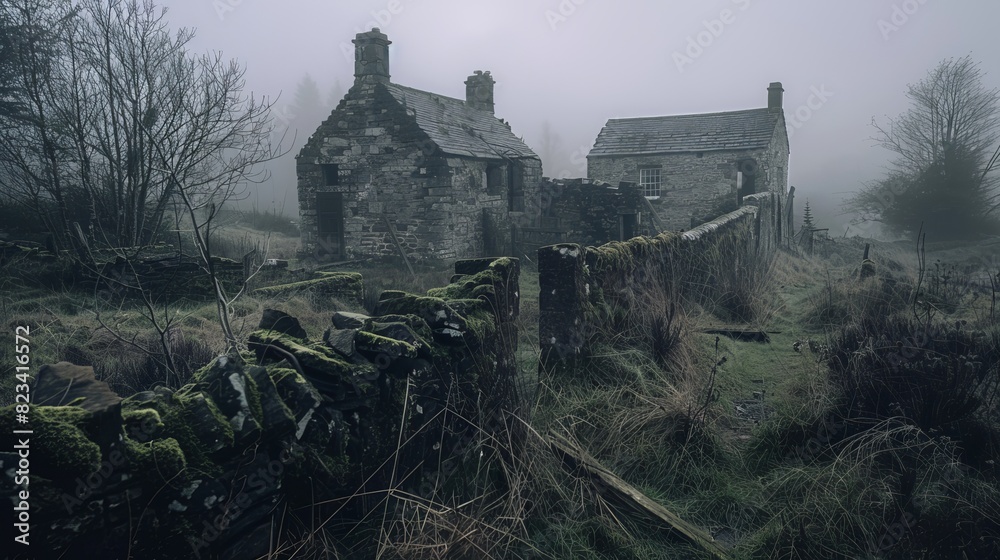 Wall mural Ruined Stone House In A Foggy Forest For Halloween Or Gothic Designs - Wall murals