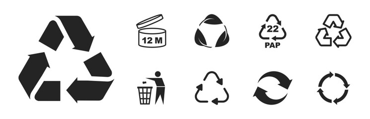 Set of recycle symbols for packaging products. Universal recycling and packing signs. Trash icons. Reuse cycle. Vector eco icons.