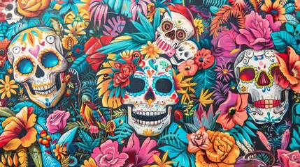 Vibrant Day of the Dead Sugar Skulls and Floral Pattern