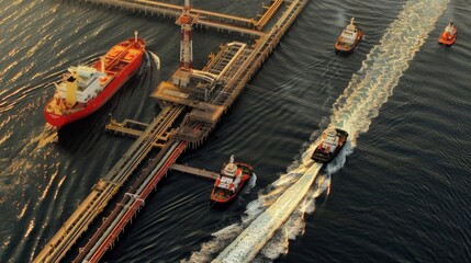 An aerial perspective of multiple boats clustered together in the water, possibly engaged in activities like fishing or transportation.
