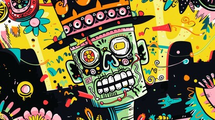 Vibrant, Colorful Sugar Skull Illustration with Abstract Background