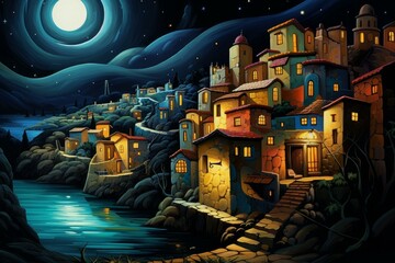 Obraz premium Artistic depiction of a tranquil seaside town under the luminous glow of a full moon