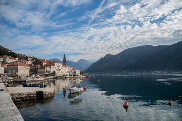 Scenic view of Perast, Montenegro with magnificent mountain views and Adriatic Sea