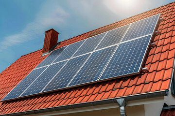 Sunlight shining on an array of solar panels on a house roof, clean energy and ecosystem