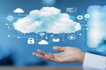 Obraz premium Cloud technology and security concept with a hand presenting a secure cloud against a blurred blue background, highlighting online data safety.