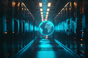 Fototapeta premium Data center or cloud computing system, connecting information and data all over the world through online and collecting huge amounts of data