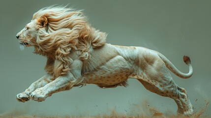A diamond lion leaping through a minimalistic studio environment