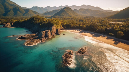 Drone view of beautiful beach with sand and rock surrounded by mountains in the sunny day. Aerial Landscape concept.