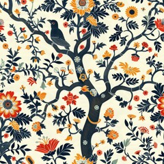 Seamless Indian Art Style Pattern with Folklore Scenes and Classic Floral Designs

