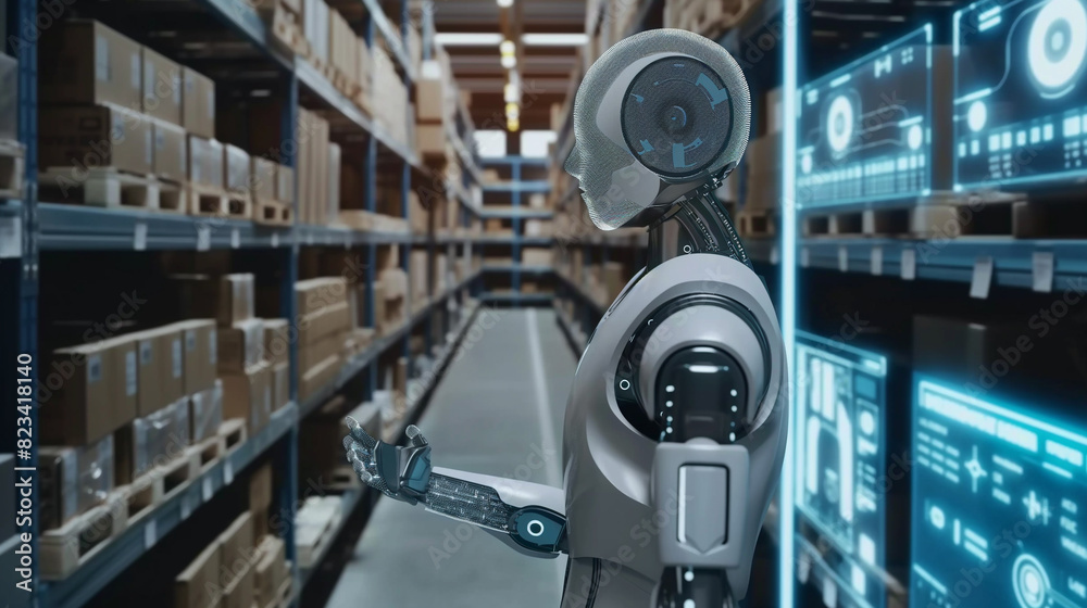 Poster modern ai robot working in a smart warehouse managing and checking the stocks of products using augm