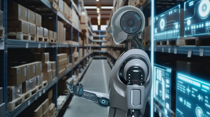 Naklejka premium modern AI robot working in a smart warehouse managing and checking the stocks of products using augmented reality hologram technology, industry automation through futuristic artificial intelligence
