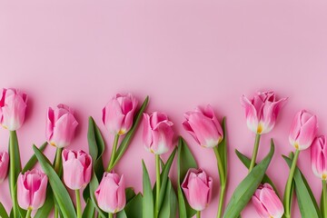 Pink Tulips on Pastel Pink Background in Flat Lay