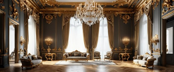 Opulent palace interior with golden ornaments and a large crystal chandelier, showcasing classical architecture and luxury.