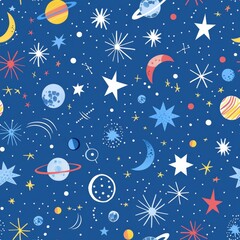 Cosmic Pattern with Planets and Stars on a Blue Background