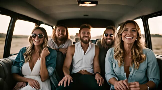 Junggessellinenabschiedsg&auml;ste sitzen mit der werdenden Braut im Van und feiern