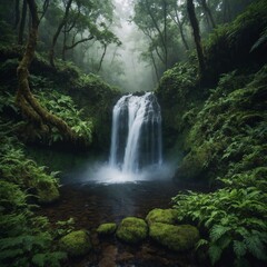 A serene waterfall hidden in the depths of a lush forest, with mist rising to form the shape of a heart in the air.

