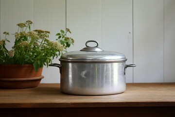 Old-fashioned aluminum pot sits on a rustic wooden table, with herbs in the background