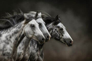 A stunning photograph of three majestic horses, their hair flowing in the wind as they run across an open field. Portrait, close-up. Blurred background. Horizontal. Space for copy. 
