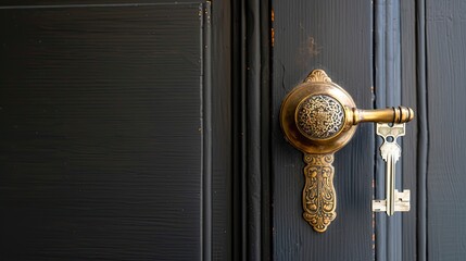 an antique brass door handle with keys dangling, shot in sharp focus with a shallow depth of field and a blurred background.