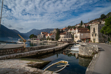 Obraz premium Scenic view of Perast, Montenegro with mountain views near the wonderful Adriatic Sea
