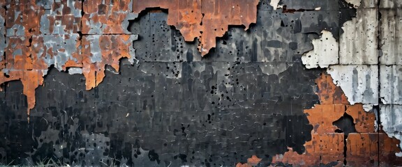 A close-up view of an industrial metal wall showing patterns of heavily peeling paint in shades of orange, black, and white.