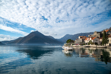 Scenic view of Perast, Montenegro with mountain views near the wonderful Adriatic Sea