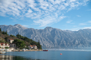 Scenic view of Perast, Montenegro with mountain views near the wonderful Adriatic Sea