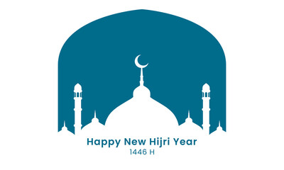Happy islamic new year background. New Hijri year greeting card design with mosque silhouette. Vector illustration