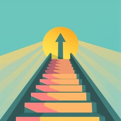Step stair with arrow up flat design front view career theme cartoon drawing Analogous Color Scheme