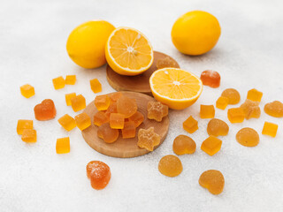 No sugar candied fruit jelly with lemon citrus fruits. Flat lay, top view