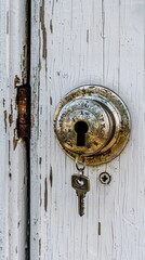 an antique brass door handle with keys dangling, shot in sharp focus with a shallow depth of field and a blurred background.