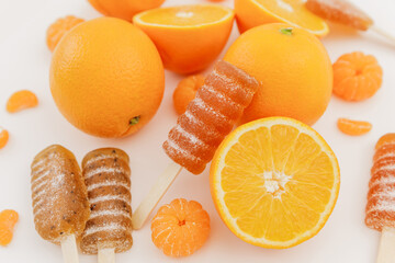 Homemade marmalade jelly with sweet citrus fruits. Flat lay, top view