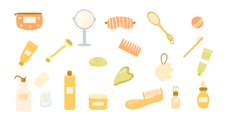 Set of bathroom accessories, face care, skincare. Hygiene and beauty products. Cream, lotion, shampoo, shower gel, soap, mirror, cotton buds, sleep mask, gua sha, massage brush. Vector illustration.