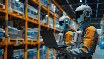 Fototapeta premium Cybernetic Robots Collaborating Using Technology in Warehouse
