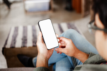 cell phone blank white screen mockup.hand holding texting using mobile on desk at office.background empty space for advertise.work people contact marketing business,technology