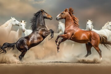 Two horses rearing up and fighting in the middle of an open field, surrounded by other wild horses running around them. The background is a dusty desert with brown hues. Horizontal. Space for copy. 