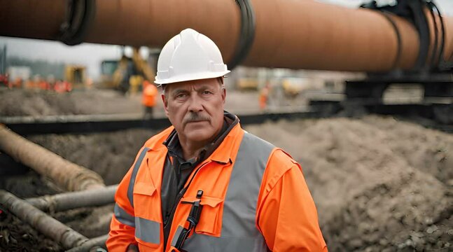 Kanalbauer steht neben einem Rohr auf Baustelle