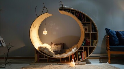Circular wooden bookshelf with cozy reading nook moon shaped