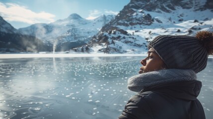 Fototapeta premium Serene Winter Wonderland: Woman Enjoying Mountain Lake Views