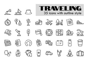 traveling activities outline style icon set