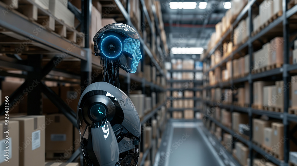 Poster modern ai robot working in a smart warehouse managing and checking the stocks of products using augm