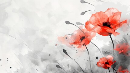 Elegant Watercolor Red Poppies on Grayscale Background