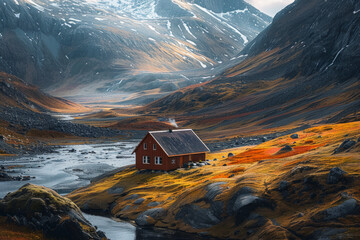 Aerial view of an isolated mountain cabin surrounded by a vast, untouched landscape. Highlight the solitude and simplicity of the scene - Powered by Adobe