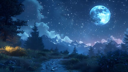 Nocturnal scenery with a starry sky, showcasing the tranquil beauty of a moonlit night in nature