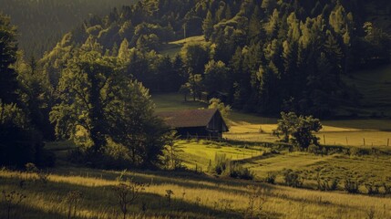 A house sits in the center of a field, enclosed by lush green trees.